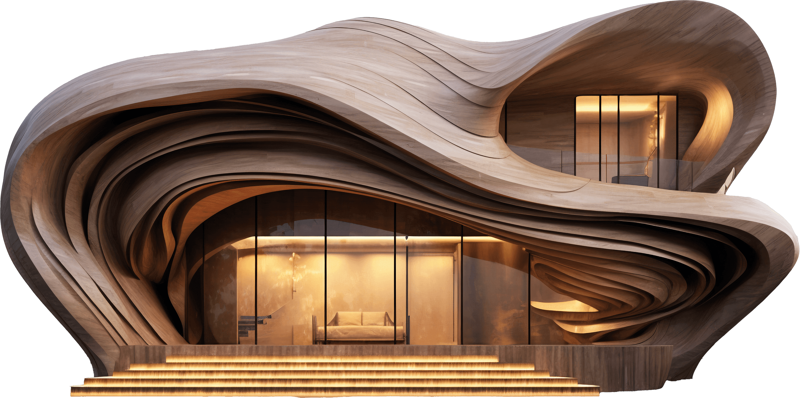 modern sculptural building with curved wooden exterior