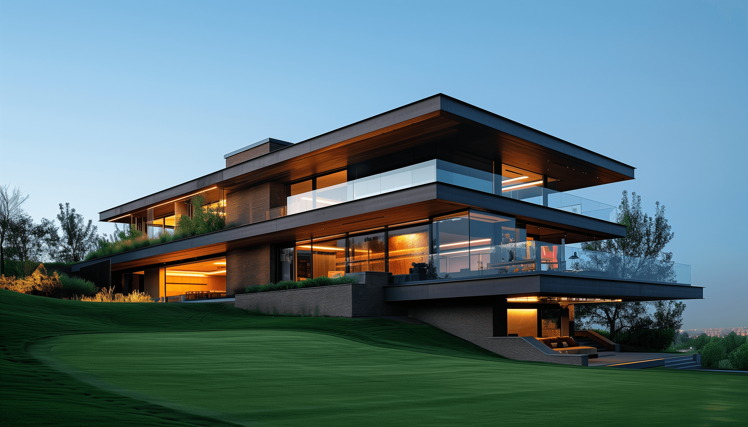modern house with a big field