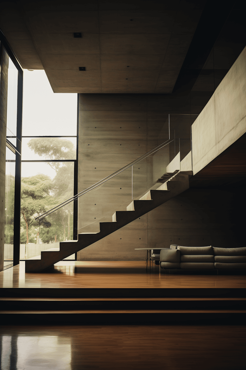 house interior with stairs and a tall window