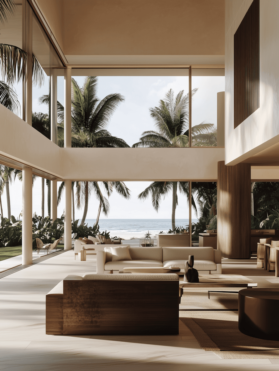 modern open lounge with palm trees outside